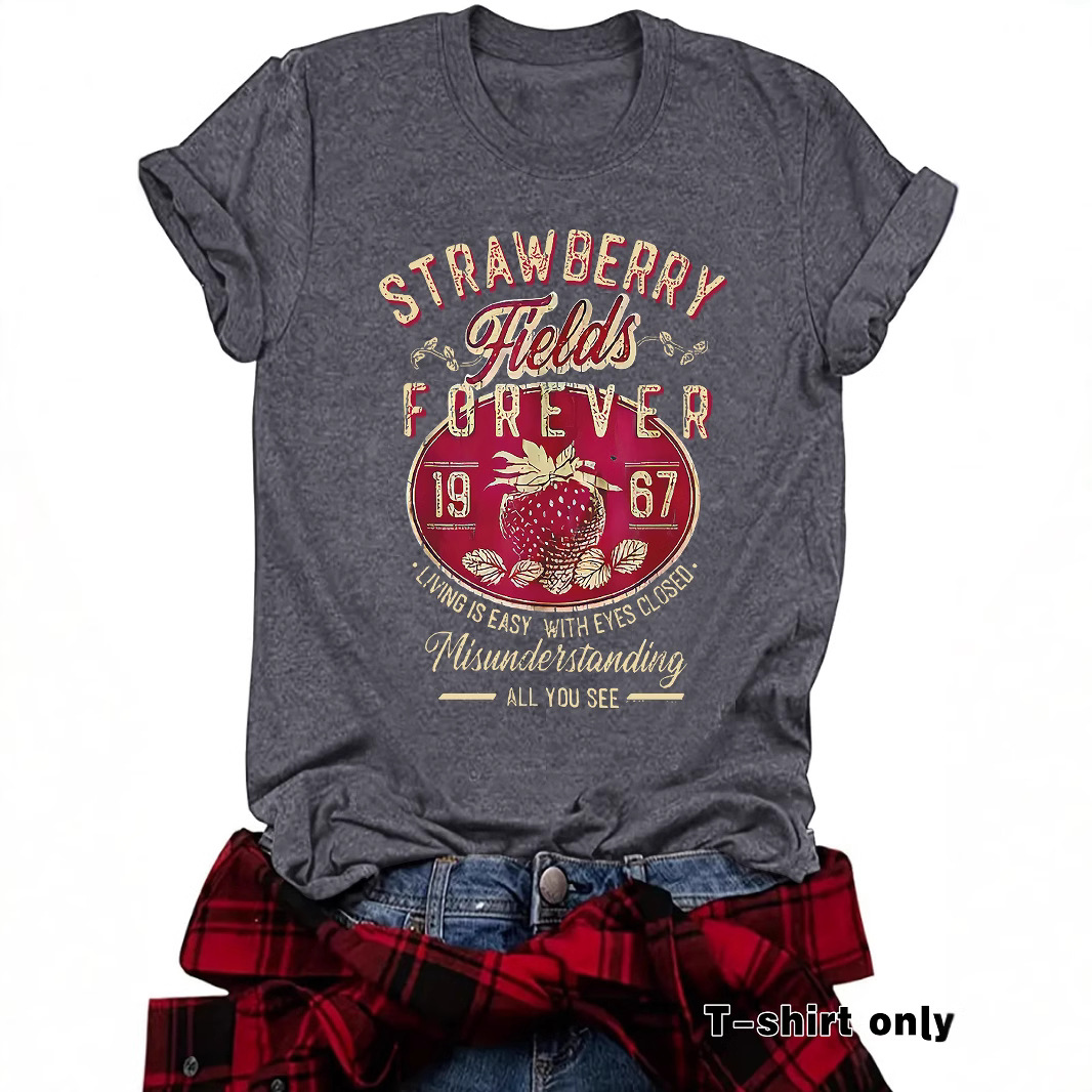 Independent Station Cross-border Summer European and American STRAWBERRY Fields Crewneck Pullover Short-sleeved eBay Women's T-shirt