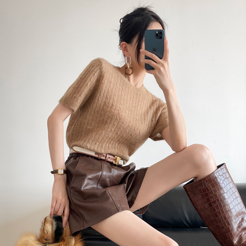 Export to Italy! Old Qian Feng Spring and Autumn Alpaca Twist Round Neck Short-Sleeved Knitted Sweater Women's Cotton Wool Sweater