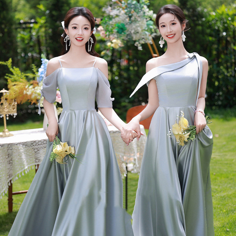 Satin Bridesmaid Dress 2025 New Spring Fairy High-End Niche Can Be Worn at Ordinary Times Sister Group Dress Blue Gray