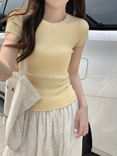 韩版黄色短袖针织衫女夏季新款修身弹力辣妹百搭正肩坑条圆领上衣