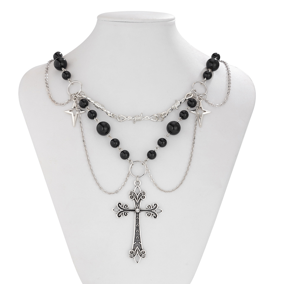 Collana a strati con croce e perle design elegante_voghion.com