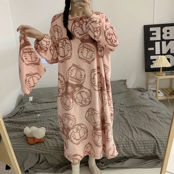 Otoño y invierno pijamas de mujer con bolsas de tela pijamas de franela caliente cuello redondo dulce camisa de coral ropa para el hogar