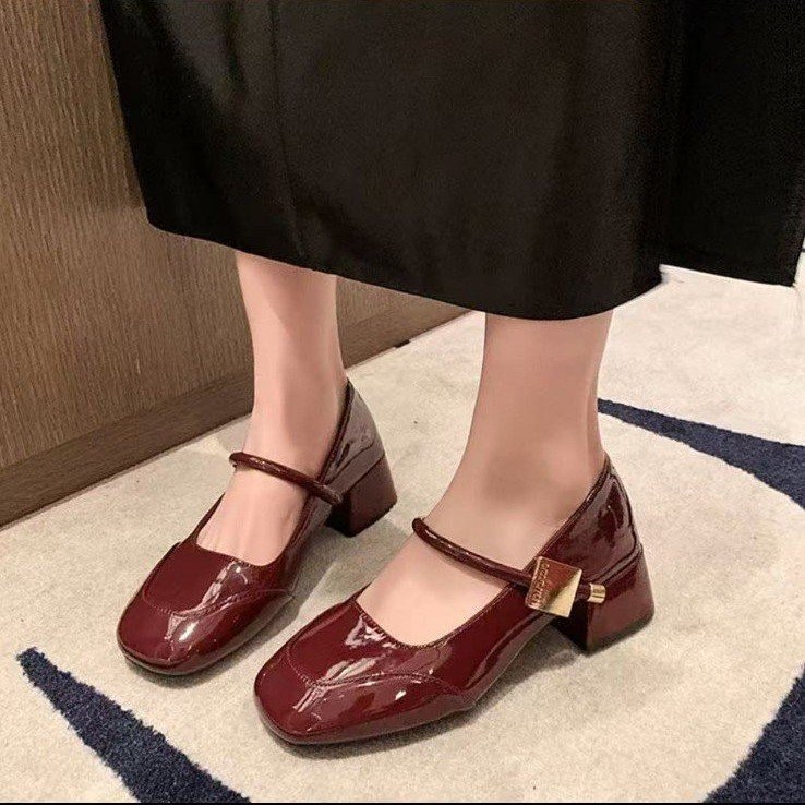 French-Style Shallow-Mouthed Single Shoes for Women, 2026 Spring New Model, Burgundy High-Heeled Comfortable Chanel-Inspired Evening Style Square-Toe Mary Jane Shoes