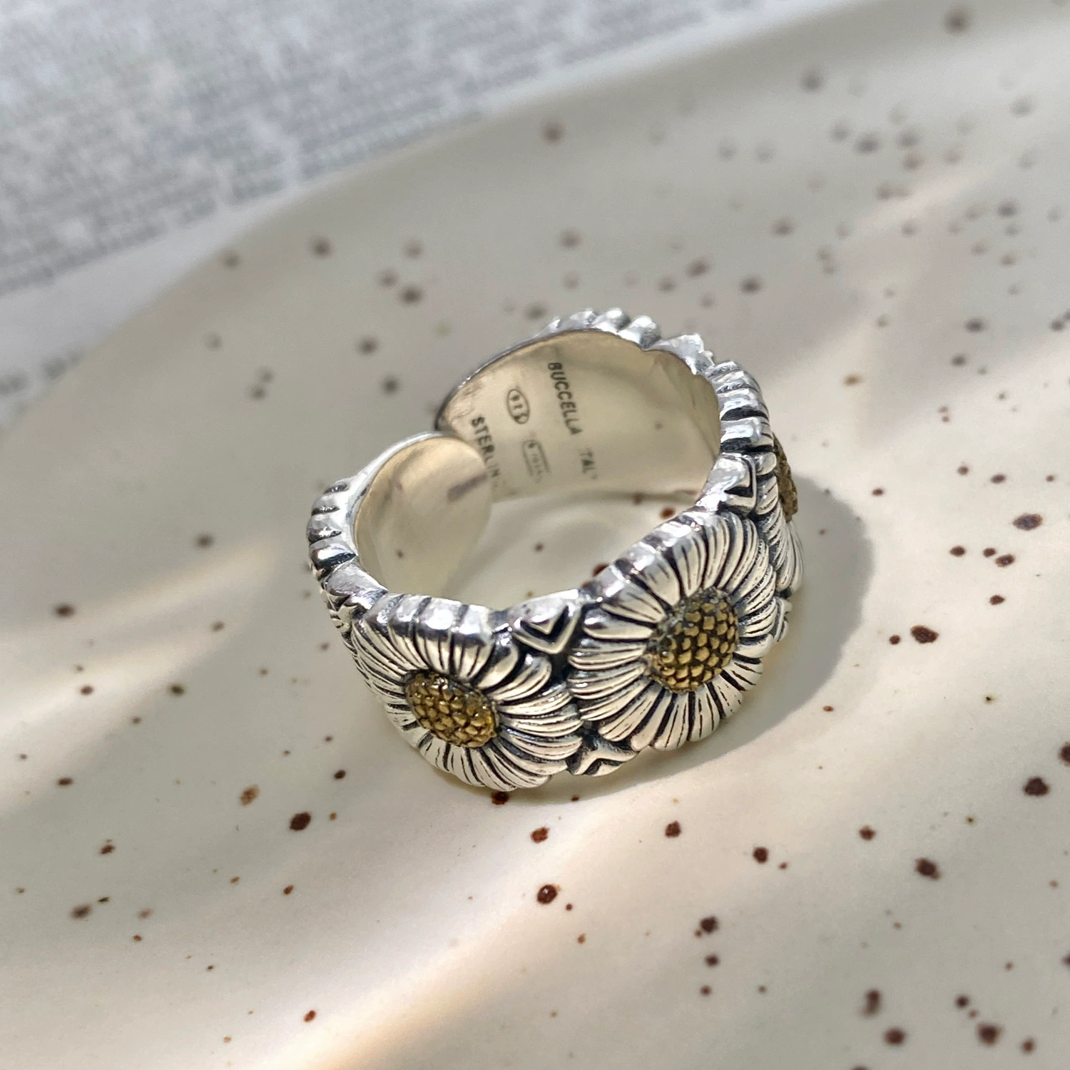 retro fashionable geometric ring hip-hop style, silver 925 sample, on index finger