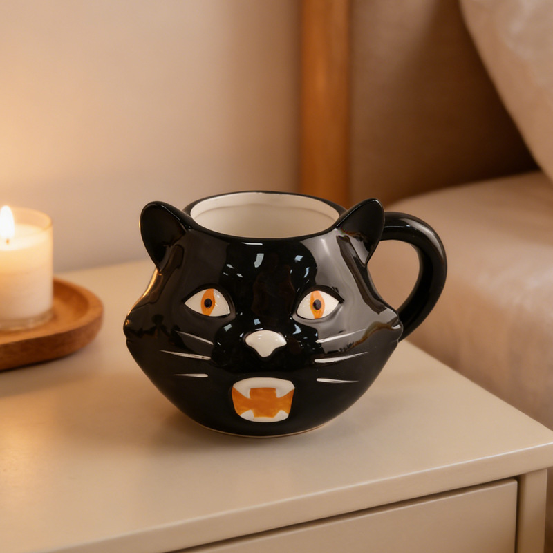 Inventario de cerámica de Halloween gato negro creativo lindo animal taza de marca de dibujos animados taza de agua de cerámica artesanía