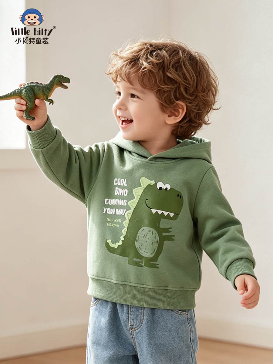 Cross-border supply boys' hooded sweatshirt, autumn/winter 2026, cartoon dinosaur print baby sweatshirt, European and American ready-to-ship clothing