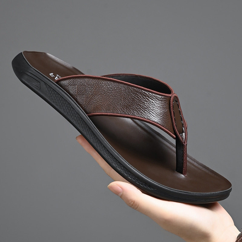 Dép xỏ ngón nam da bò lớp đầu chống trượt, phong cách casual đi ngoài trời — XQ2266 màu nâu, XQ2266 màu đen