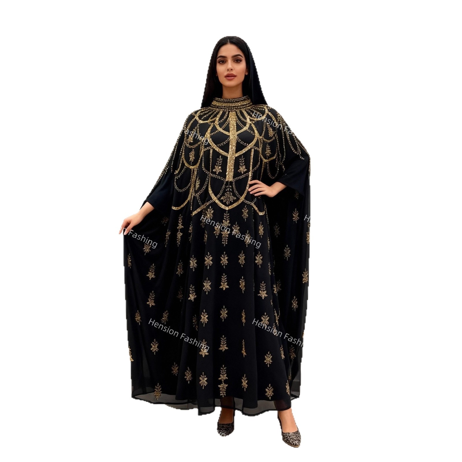 Fashionable Dubai Muslim Bat Sleeve Rhinestone Embellished Robe Arab Middle Eastern Abaya Long Dress_ecoleips.com
