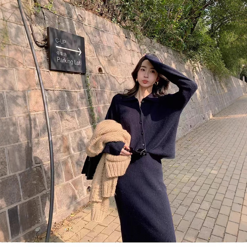 Hanyuan Apparel/Reputable Brand Gentle Fabric 100% Wool Women's Knitted Top and Skirt Two-Piece Set