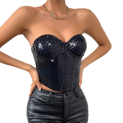 Amazon cross-border European and American hot girls nightclub street bra wrap fashion beaded zipper heavy industry tube top 60537