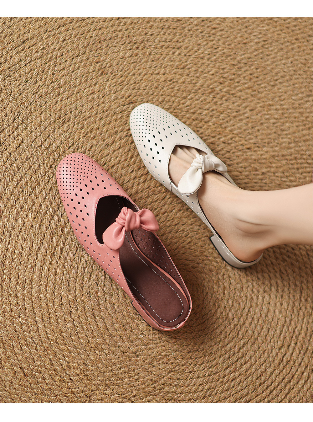 Dép sandal nữ da bò đục lỗ mũi kín quai hậu gót thấp — Màu hồng chi tiết 1