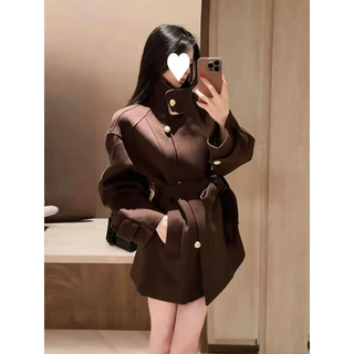 韩系学院风呢子大衣女秋冬新款高级感赫本风气质立领毛呢外套