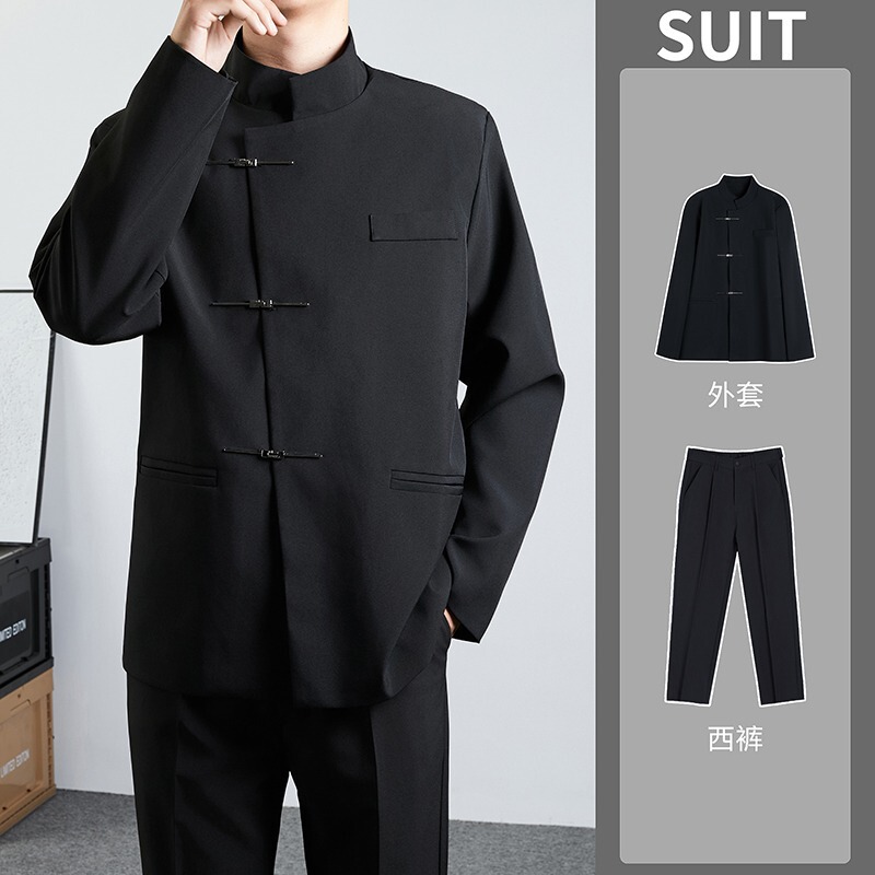 New Chinese Men's National Style Black Vertical Collar Button Suit Jacket Fashion High-end Young Men's Chinese-tunic Suit suit