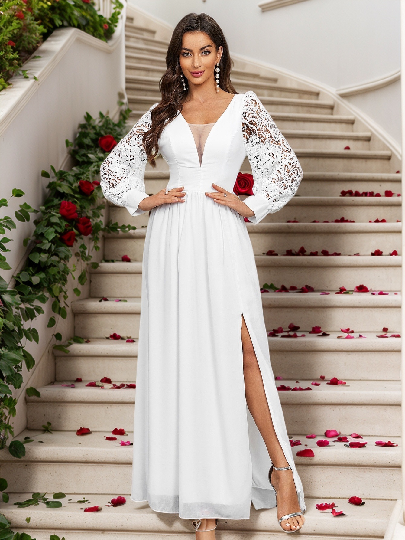 Comercio exterior de mujer transfronteriza 2025 nuevo estilo de manga larga con cuello en V encaje gasa sin espalda boda vestido de dama de honor banquete