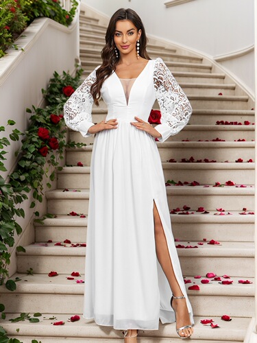Women's clothes New long-sleeved V-neck lace chiffon backless wedding bridesmaid dress banquet