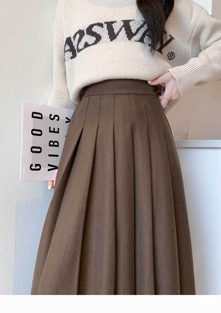 2023 outono/inverno nova saia plissada espessada com elástico e cintura alta emagrecimento e ajuste solto temperamento saia de comprimento médio_voghion.com