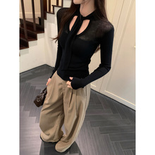 品牌折扣设计感飘带V领长袖针织衫女秋季2025新款修身显瘦单穿上