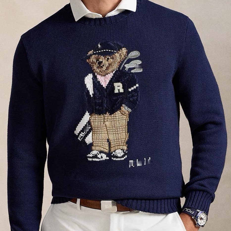 Rl25 Little Bear Autumn/Winter New Heavy Embroidery Sweater Round Neck Golf Casual Knitwear Men's Long Sleeve