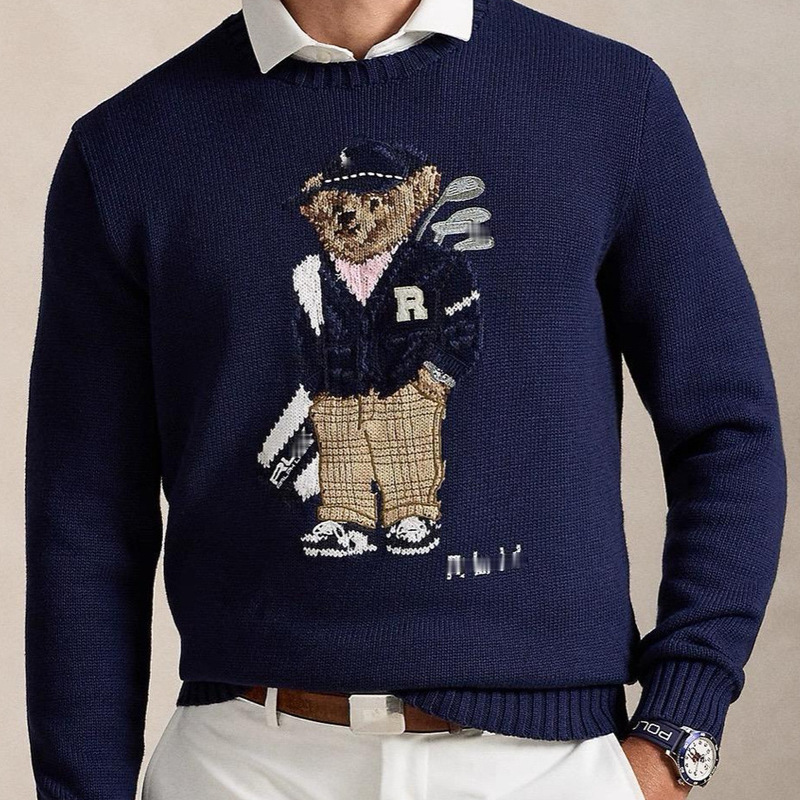 Rl25 Little Bear Autumn/Winter New Heavy Embroidery Sweater Round Neck Golf Casual Knitwear Men's Long Sleeve