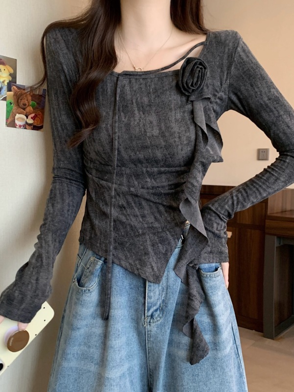 韩系设计感立体花朵褶皱扎染长袖针织衫女秋季不规则修身显瘦上衣|undefined