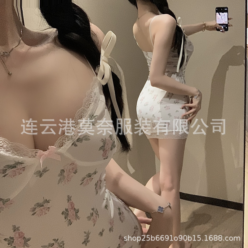 Puro deseo estilo Sling pecho pad vaina pijama sexy Falda corta fresco pequeño camisón floral contraste color encaje costura pequeño pecho
