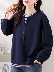 胖MM时尚条纹假两件卫衣欧洲站大码宽松休闲女装2025新款秋装上衣