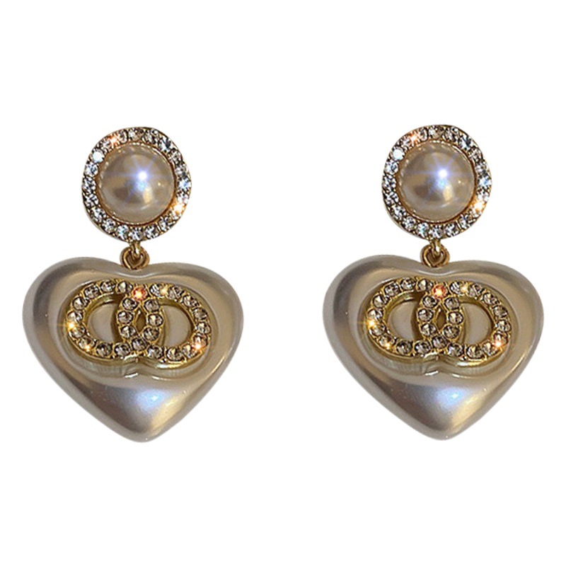 Pendientes de amor de doble círculo de perlas de diamantes con aguja de plata Pendientes de todo fósforo de nicho de lujo ligero francés Pendientes de sentido avanzado para mujer