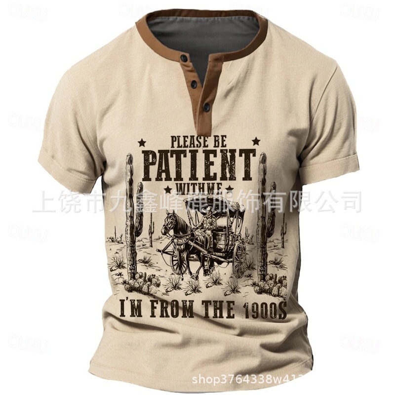 Dropshipping 2026 Men's 1900S Style Henley Short-Sleeve T-Shirt with Retro Design, Vintage Casual Style for Spring and Summer