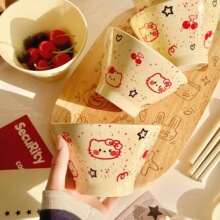 可爱奶油风碗卡通版陶瓷饭碗少女心手绘大容量吃饭碗带勺批发