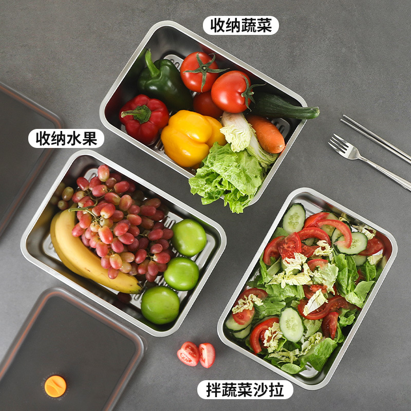 Caja de conservación fresca de acero inoxidable 316 Caja de almacenamiento sellada al vacío de conservación fresca refrigerada y congelada Almacenamiento en refrigerador de gran capacidad con tapa