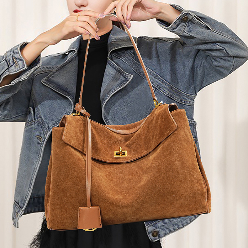 Rodeo Bag Women's Genuine Leather Kelly Tote Bag Frosted Cowhide High-End Large-Capacity Shoulder Satchel Armpit Bag