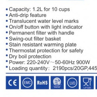 1.2L cafetera doméstica transfronteriza de comercio exterior, olla de vidrio pequeña de goteo estándar estadounidense, cafetera de goteo eléctrica