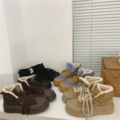 秋冬純色新款保暖加絨帆布鞋女2023高幫韓版百搭街拍女鞋日系棉鞋