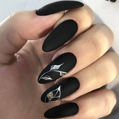 Cross-border dark leaf long wearing nail art with European and American style sparkles, wholesale nail tips with fake nail stickers complete set