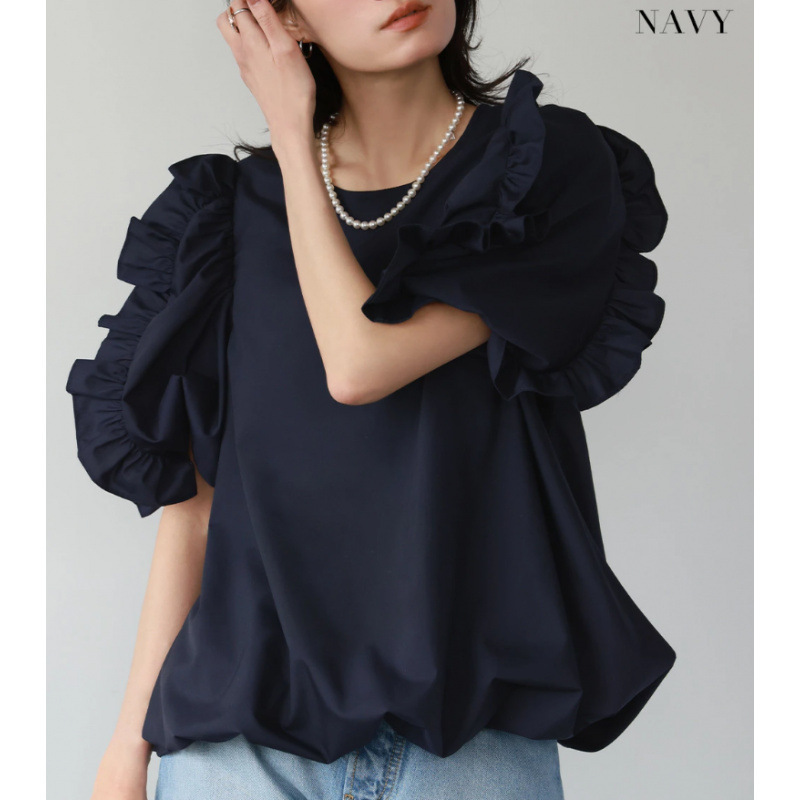 Japanese-Style Design Chiffon Blouse with Ruffled Edges, Puff Sleeves, and Round Neck for Women, Summer Japanese-Style Design Chiffon Blouse with Ruffled Edges, Puff Sleeves, and Round Neck for Women, Summer