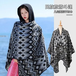 Ethnic Style Colorfulful Geometric Hooded Shawl Xinjiang Xizang Travel Wear Photo Warm Outer Cloak Slit Scarf
