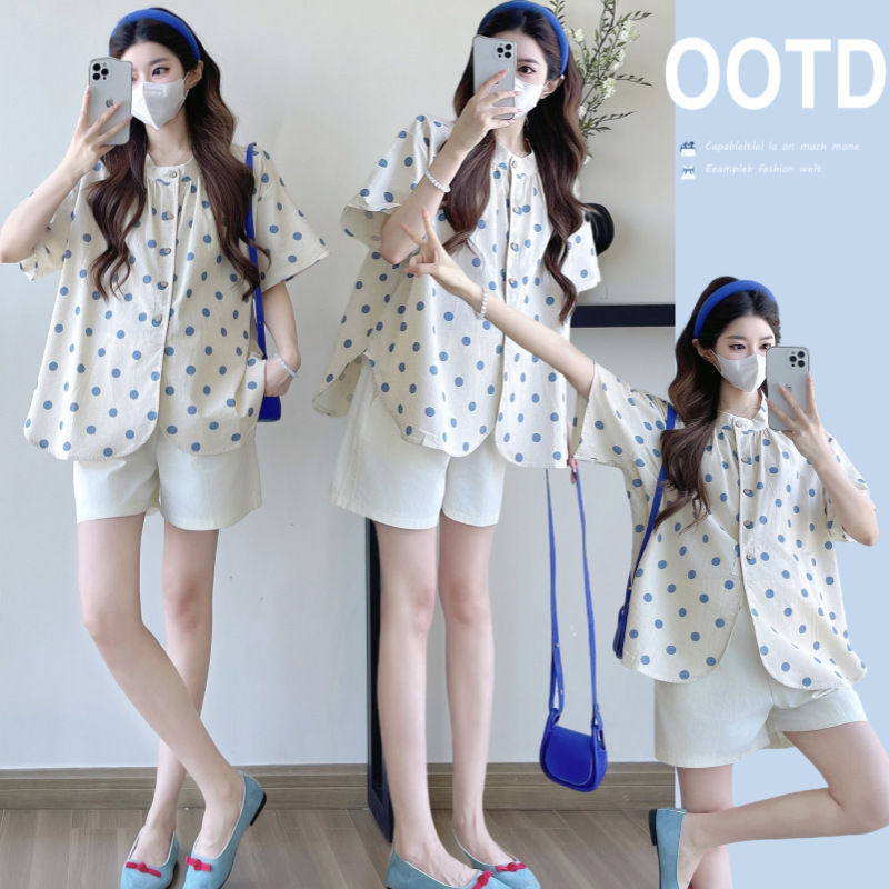 Maternity Suit Summer Sweet Age-Reducing Cotton and Linen Polka Dot Short-Sleeved Shirt Summer Loose Top Wide-Leg Pants Two-Piece Set