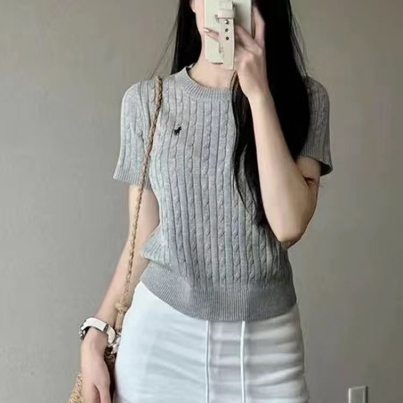 夏季刺绣麻花短袖针织衫上衣女圆领T恤学院风绞花修身打底上衣