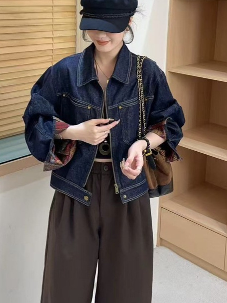 撞色格子压线牛仔短款外套女2025秋季新款小个子宽松显瘦夹克上衣|undefined