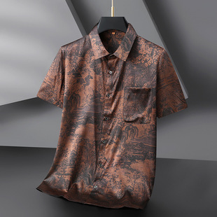 2025 New Summer Men's Printed Casual Mulberry Silk Short-Sleeved Shirt Plus Fat Plus Short-Sleeved Ice Silk Half-Sleeve