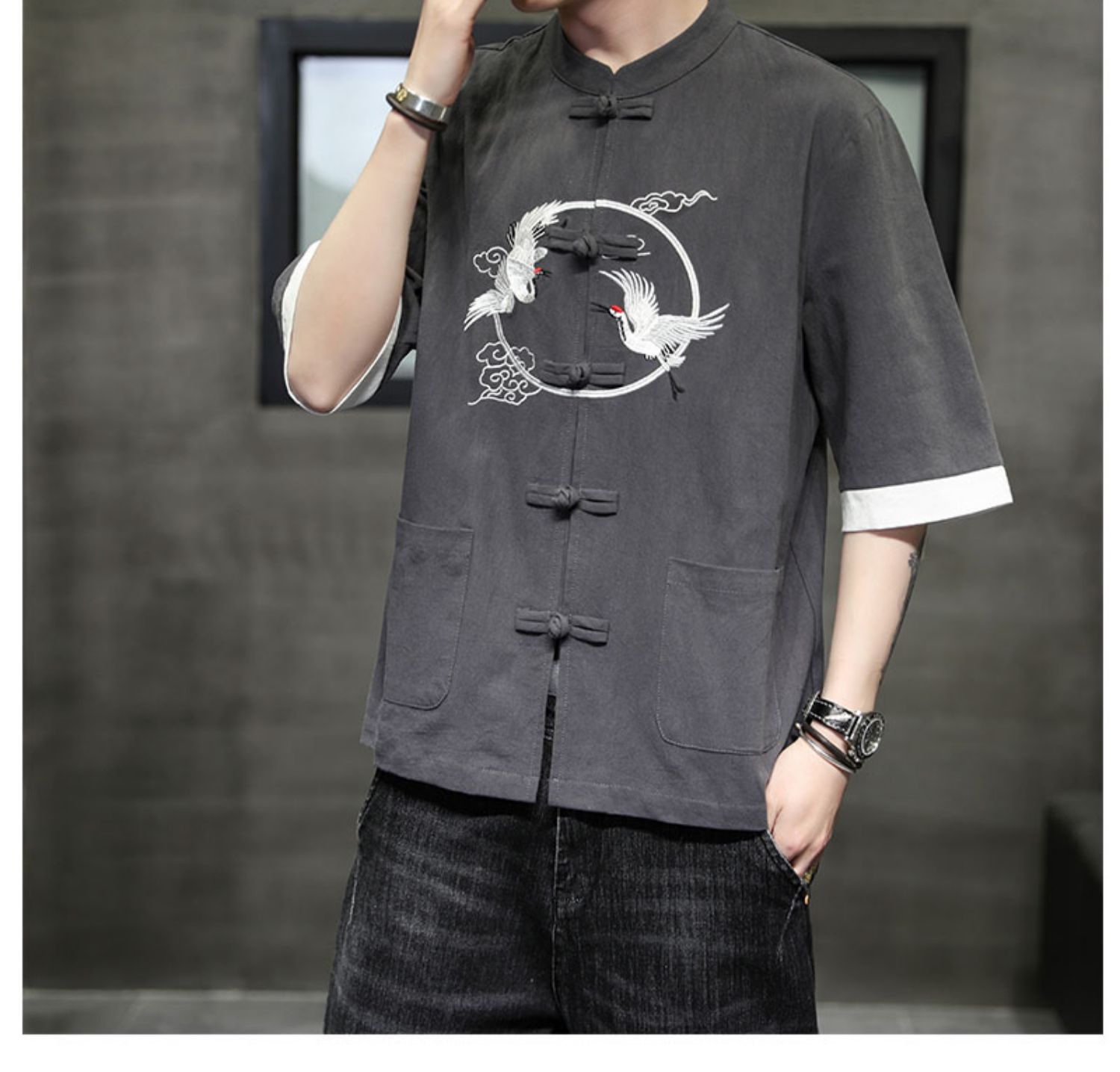 2024 Summer Chinese cotton linen short sleeved men's Tang embroidery Han style loose China-Chic shirt men_autovado.com