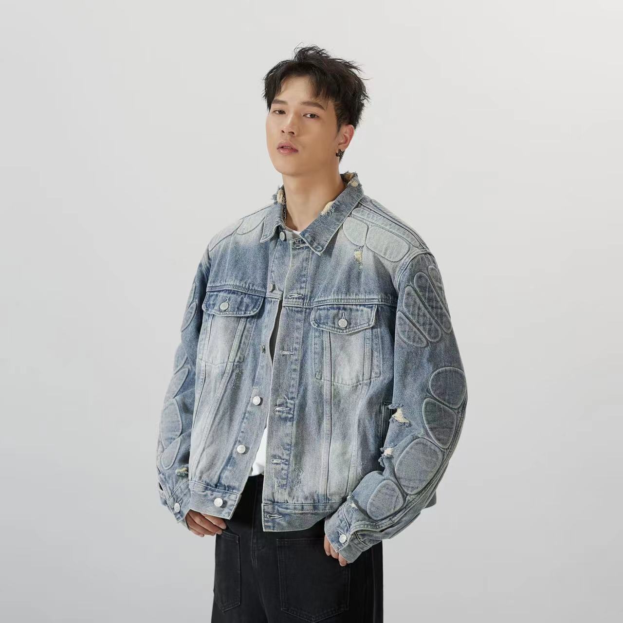 (2개) 무료 배송 봄과 가을 미국 스타일 패션 브랜드 리핑 데님 재킷 남성 자켓 느슨한 최고 잘 생긴 틈새 디자인 데님 옷