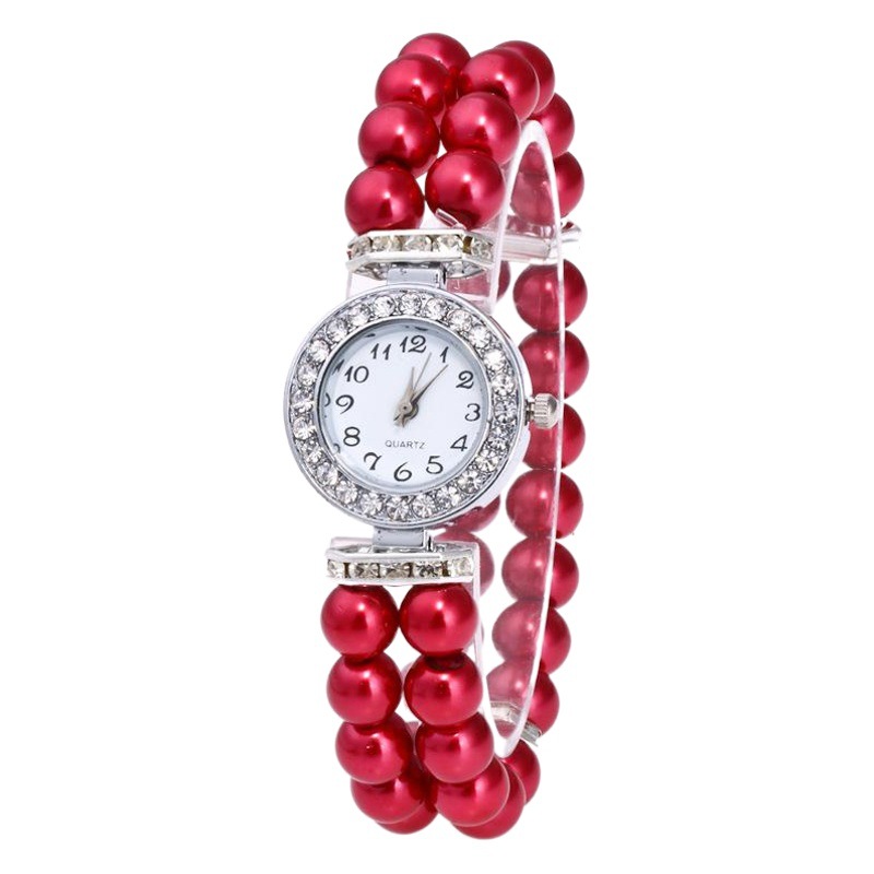 Diamante redondo decorativo exquisito pequeño dial casual reloj de cadena de perlas de vidrio para mujer reloj de cuarzo de cadena