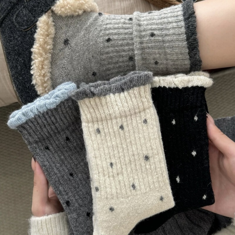 Gray Wool Socks for Women, Polka Dot Mid-Calf Socks, Thickened for Spring and Autumn, Sweat-Absorbent, Warm, Versatile Slouch Socks, Winter Long Socks Gray Wool Socks for Women, Polka Dot Mid-Calf Socks, Thickened for Spring and Autumn, Sweat-Absorbent, Warm, Versatile Slouch Socks, Winter Long Socks