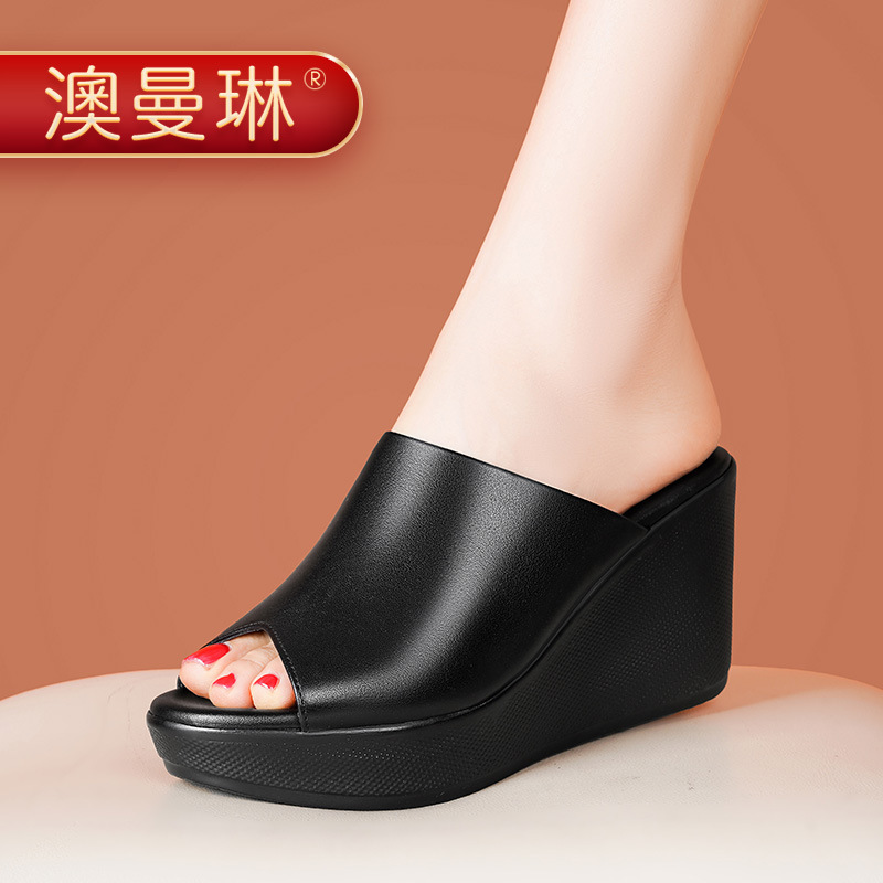 2025 Summer New Style Genuine Leather 8cm High Heel Waterproof Platform Black Versatile Non-Slip Outdoor Wedge Sandals for Women