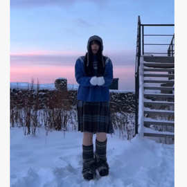 甜美高级时尚女叠穿蓝色格子撞色2k慵懒感花边百搭宽松裤裙潮