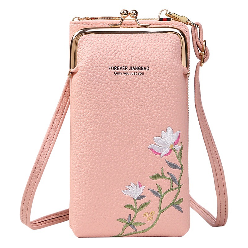 Factory supply 2024 new women's mobile phone bag Korean fashion lychee pattern solid color embroidered crossbody shoulder bag