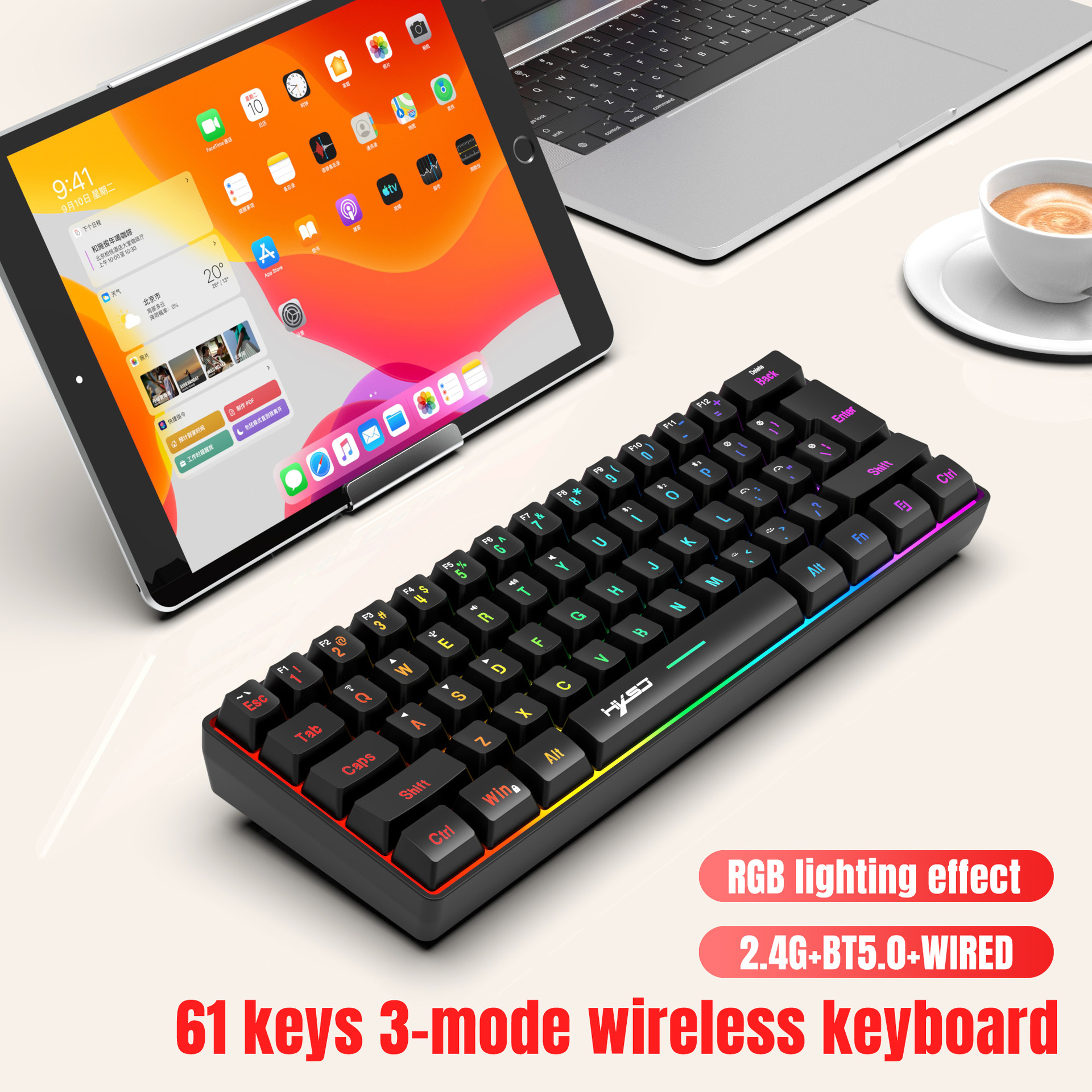 L500 de tres modos de 61 teclas RGB con cable inalámbrico Bluetooth teclado de membrana compacto inyección de dos colores ABS transfronterizo en stock
