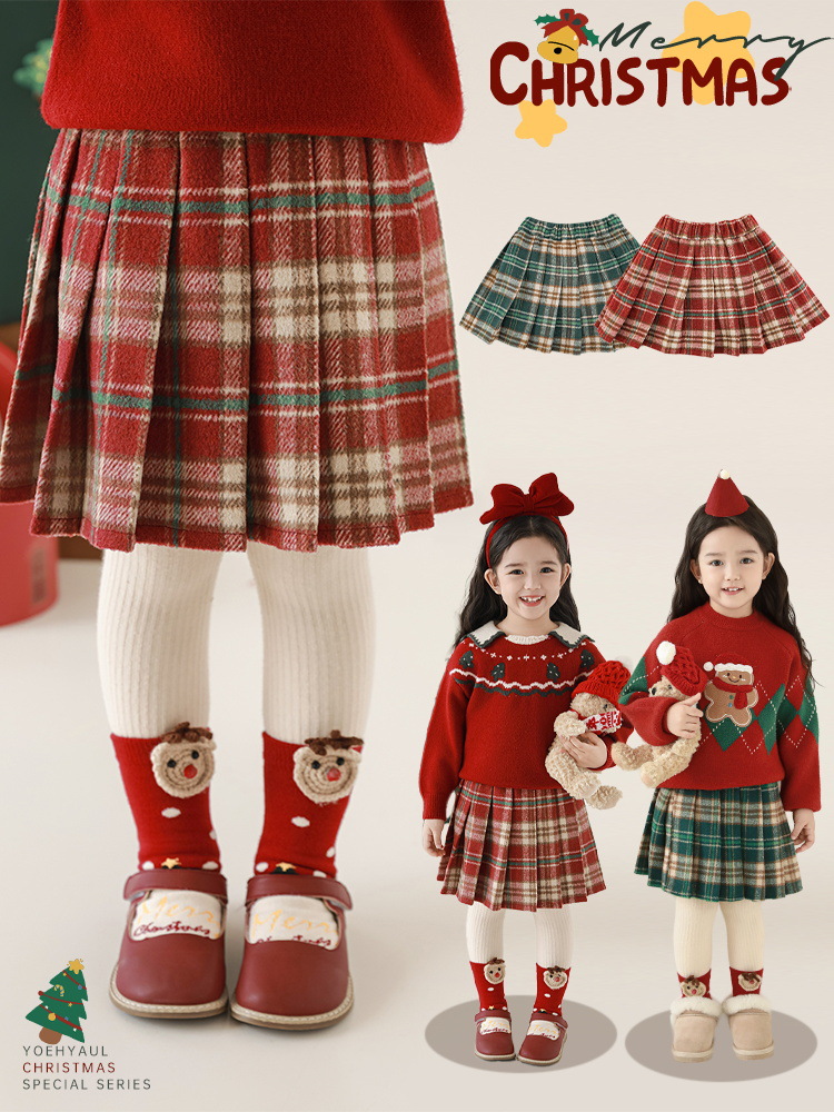 wulibuyi girl‘s contrast color check a- line christmas pleated skirt winter children‘s sweet cute woolen skirt