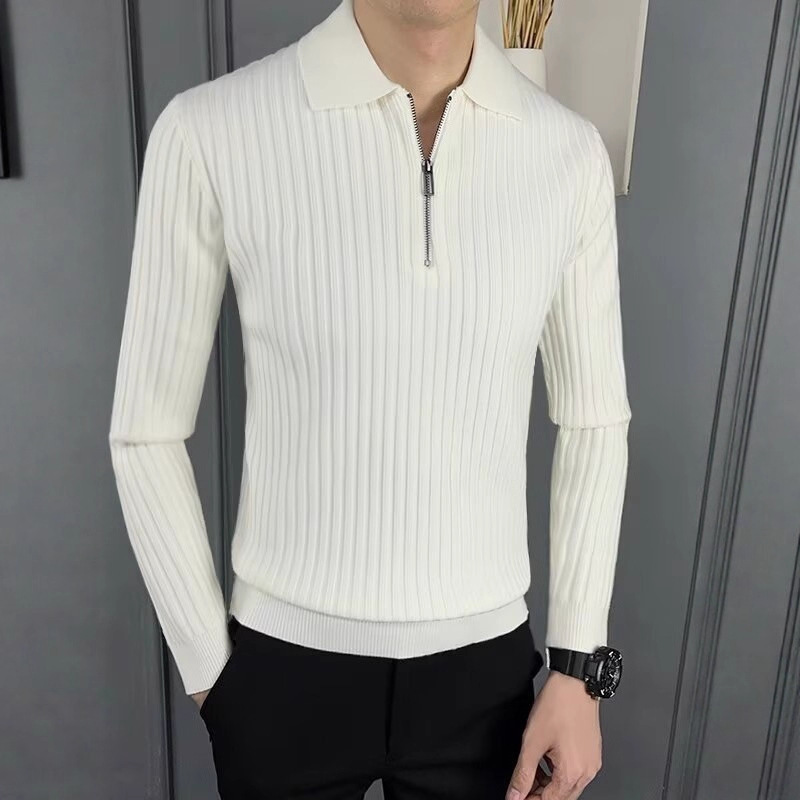 Autumn and Winter Gentleman's Warm Lapel Stripesd Design Knitted Long-Sleeved Polo Shirt Pullover Pure Color Winter Sweater for Men